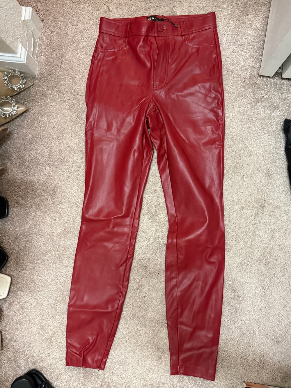 Zara Red Faux Leather Skinny Pants
